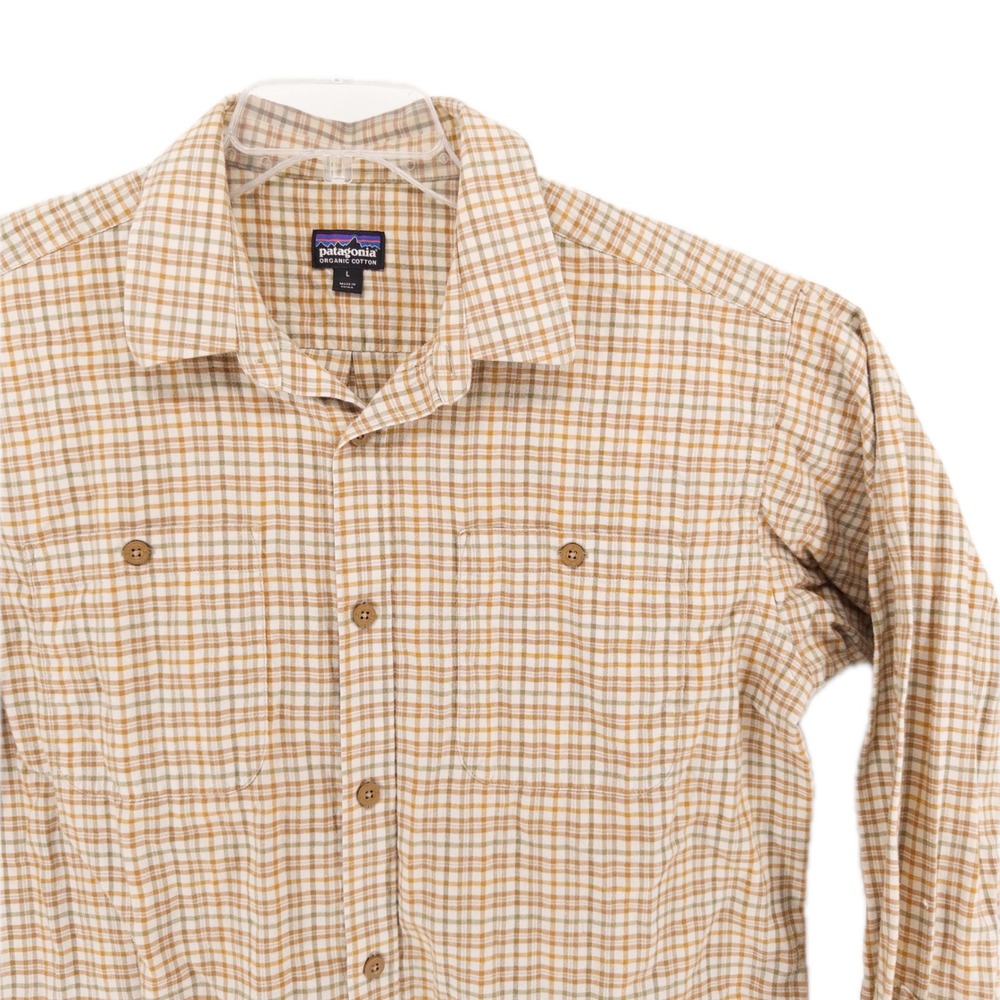 Patagonia Mens Large Long Sleeved Pima Cotton Button Down Shirt Tan Plaid 53837